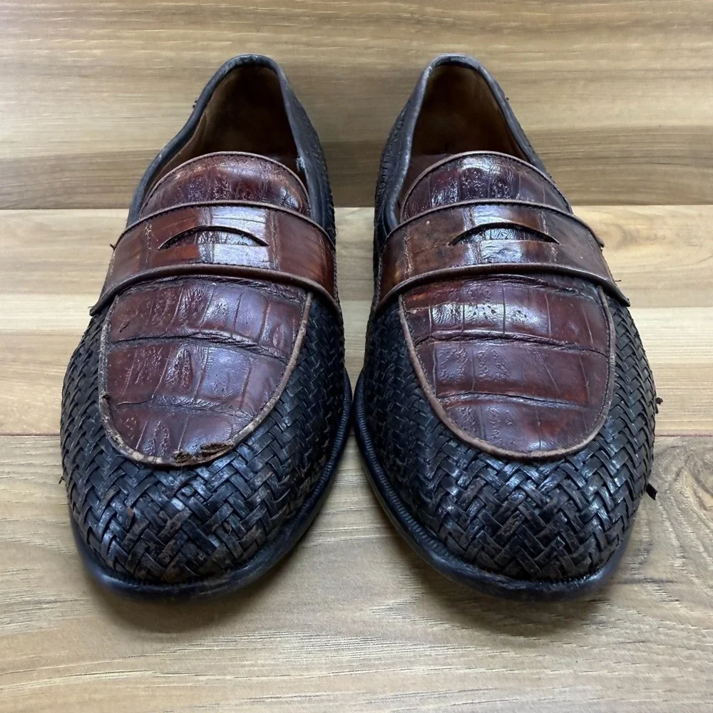 Belvedere Crocodile Woven Penny Loafers Mens 8.5 M Brown Black Slip On Modern
